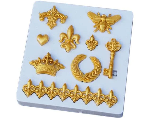 Crown (3x2cm), fleur de lis (2x2.5cm), butterfly (3x2cm), border (8x1.5cm) silicone mould